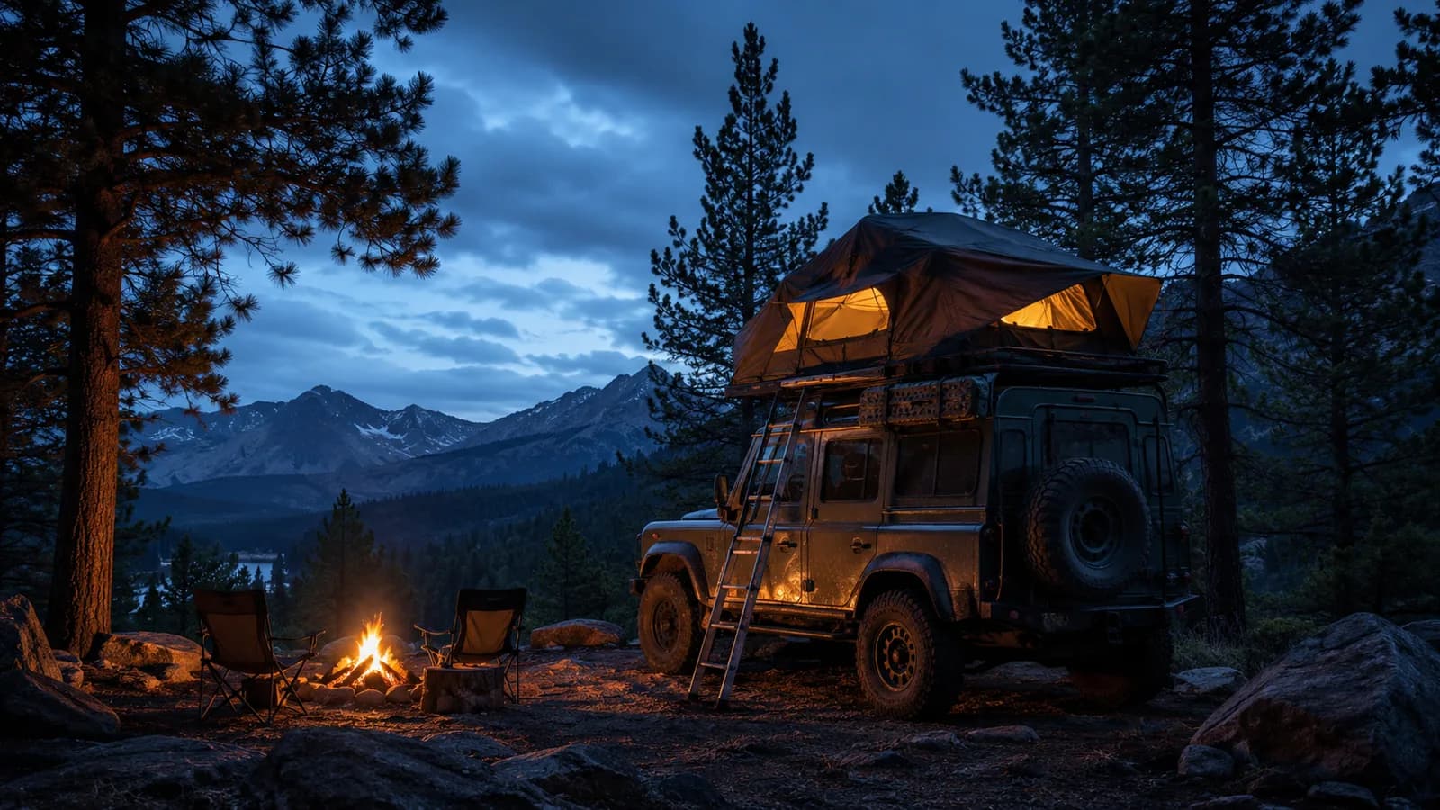 Overland rig with rooftop tent parked at a mountain campsite at dusk