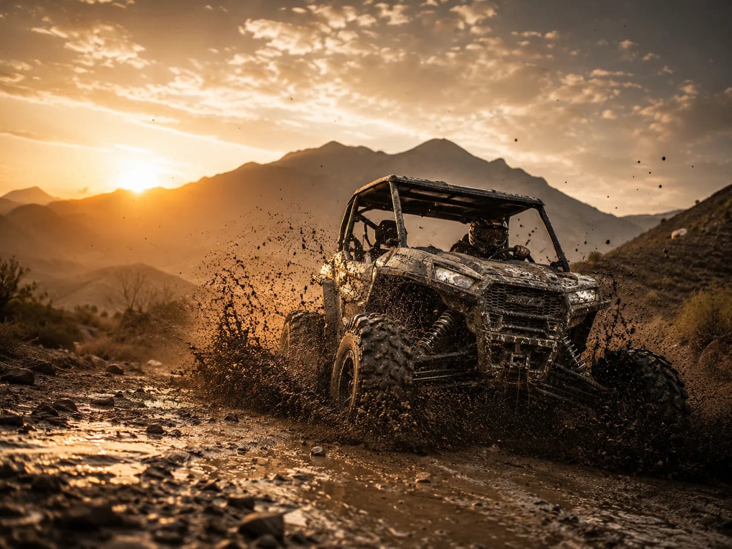UTV splashing through mud on a backcountry off-road trail