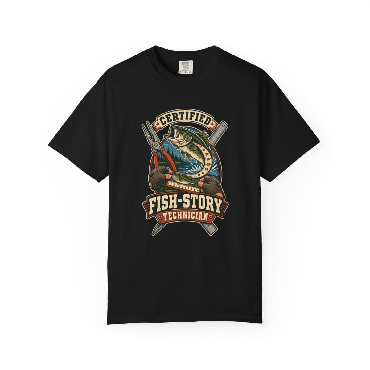 Funny Fishing Shirt, Bass Angler Tee for Fishermen, Certified Fish Story Technician — Black