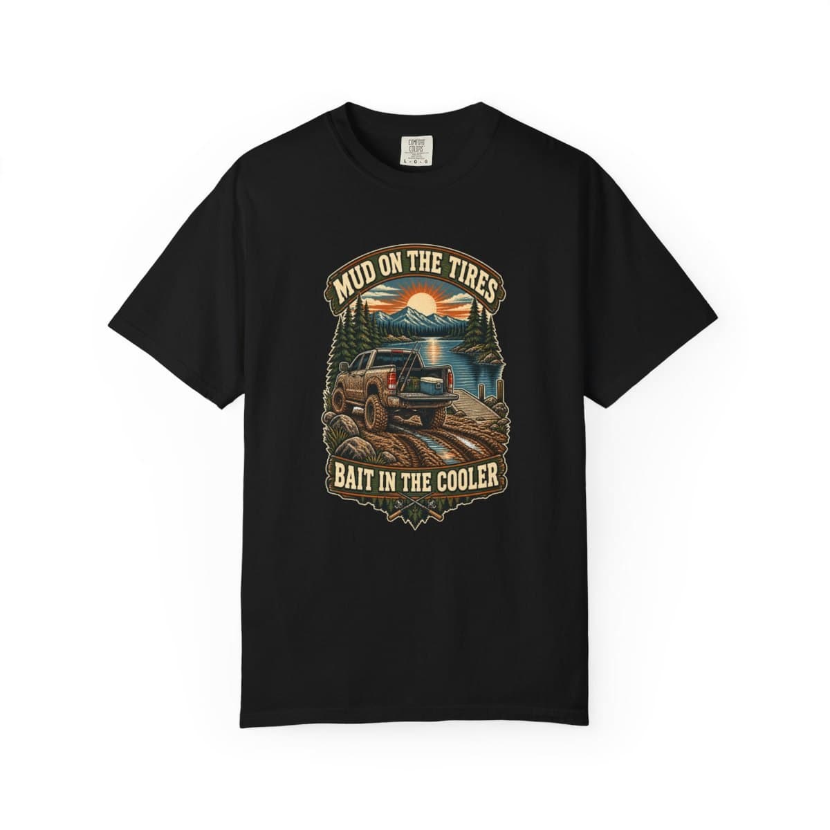 Muddy Truck Fishing Shirt, Off Road Lake Tee for Anglers, Bait In The Cooler — Black