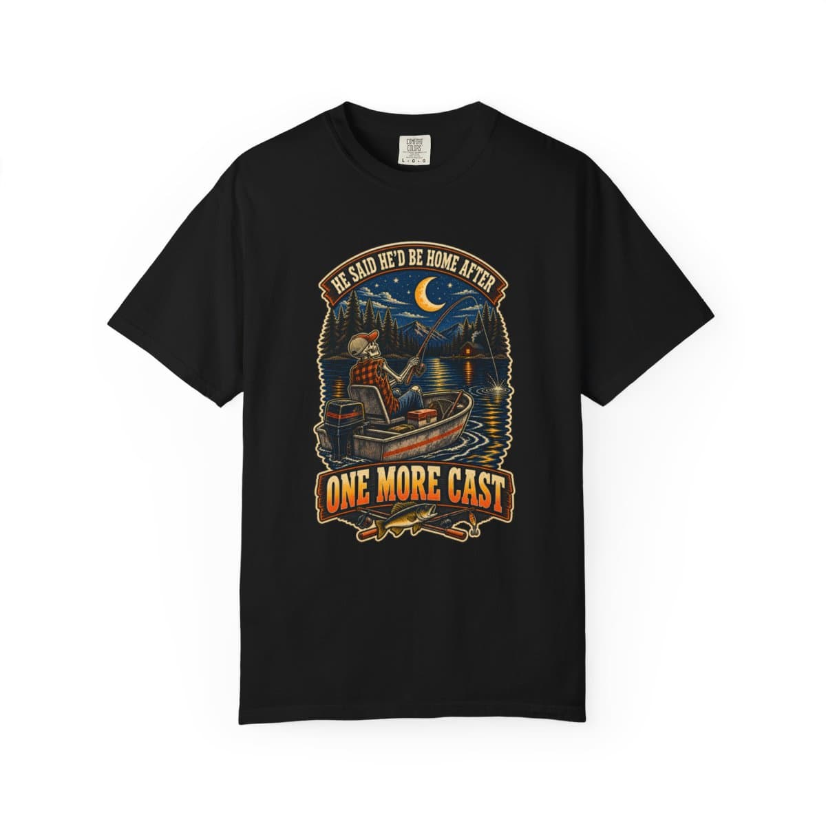Vintage Night Fishing Shirt, Skeleton Angler Tee, One More Cast Bass Fisherman Gift — Black