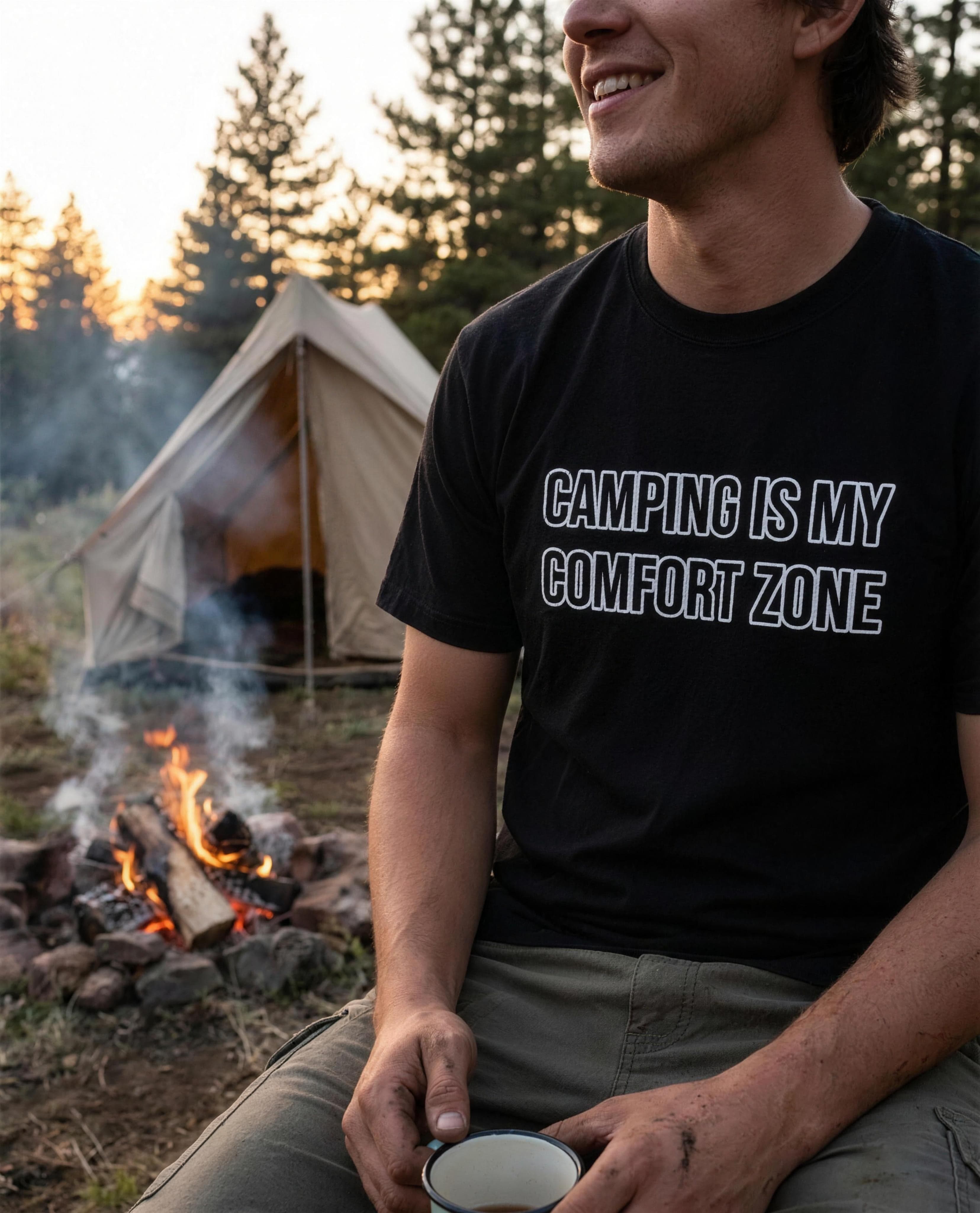 Camping Is My Comfort Zone tee worn at a campsite