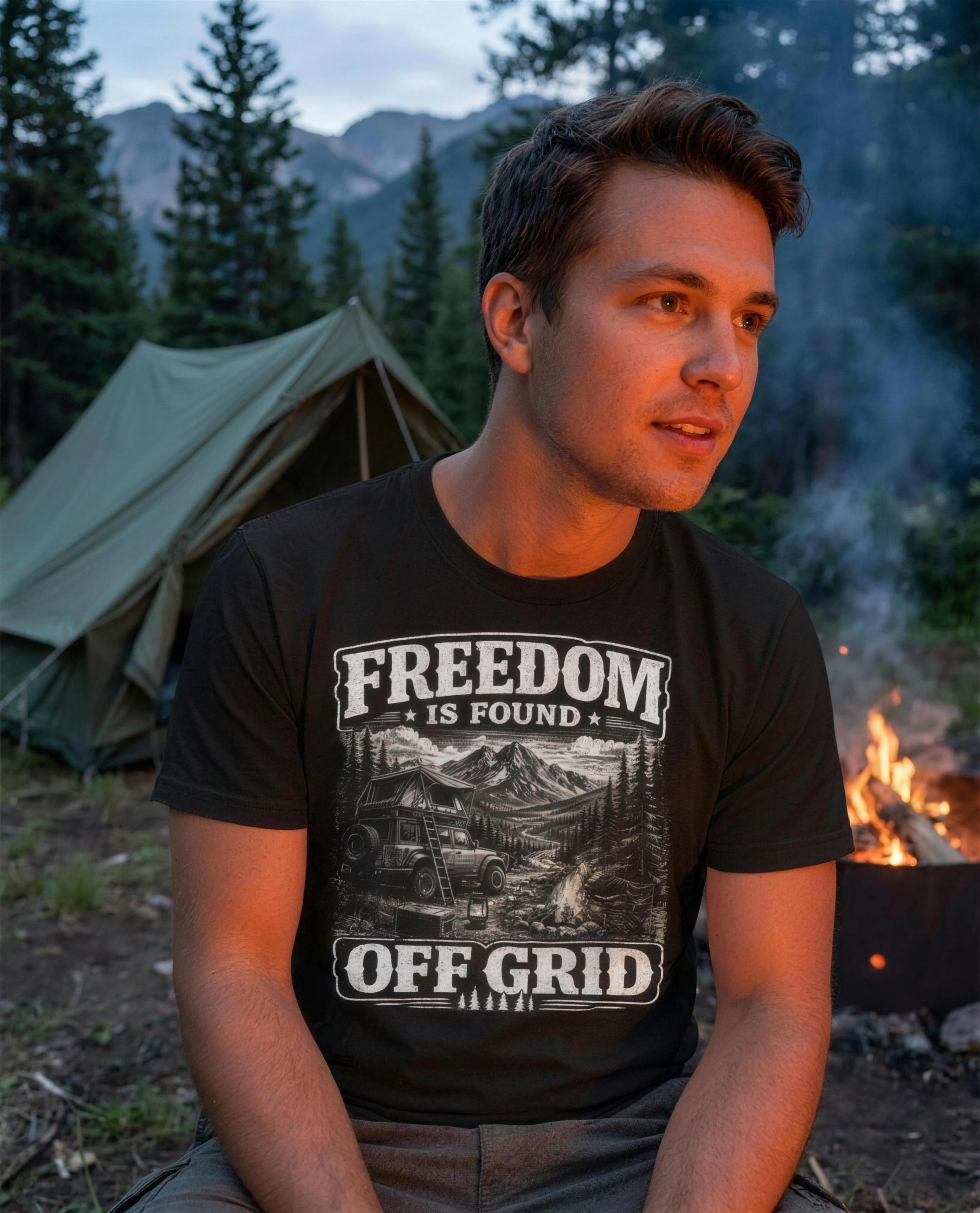 Freedom Is Found Off Grid tee worn in the backcountry