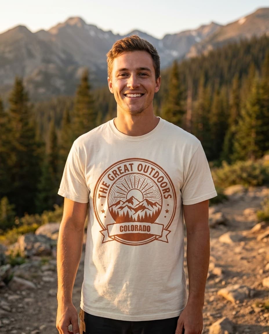 The Great Outdoors state badge tee worn outdoors