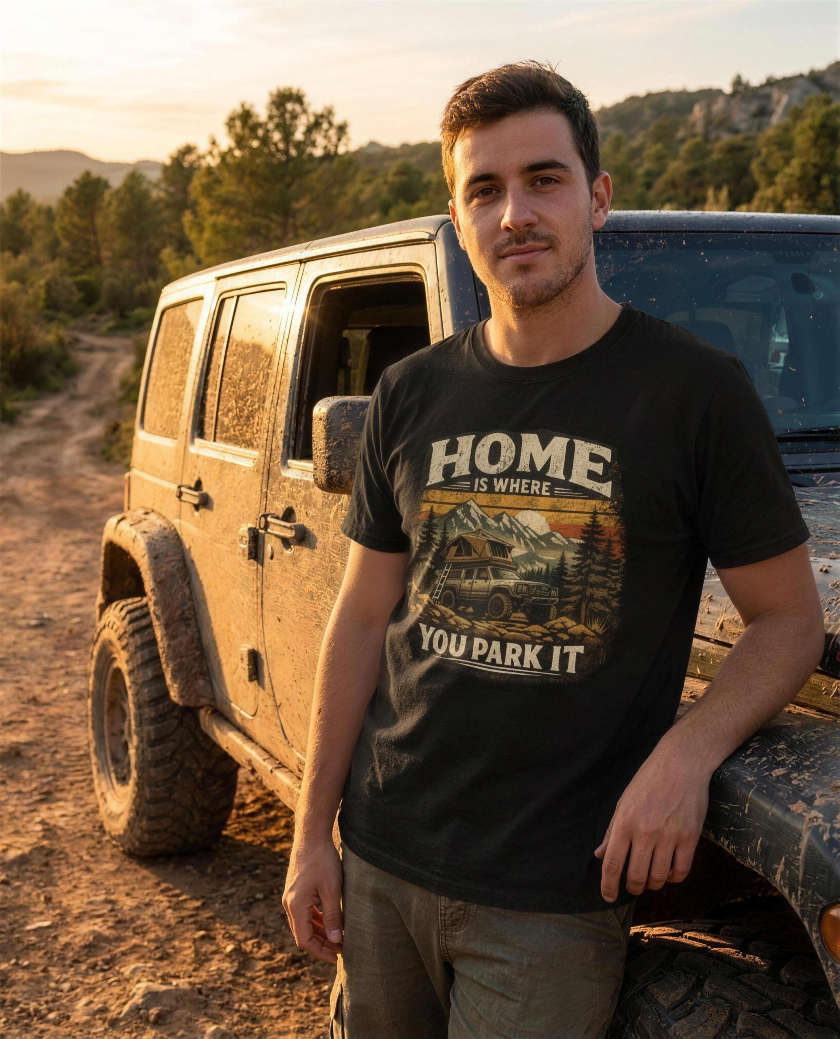 Home Is Where You Park It tee worn at an overland camping site