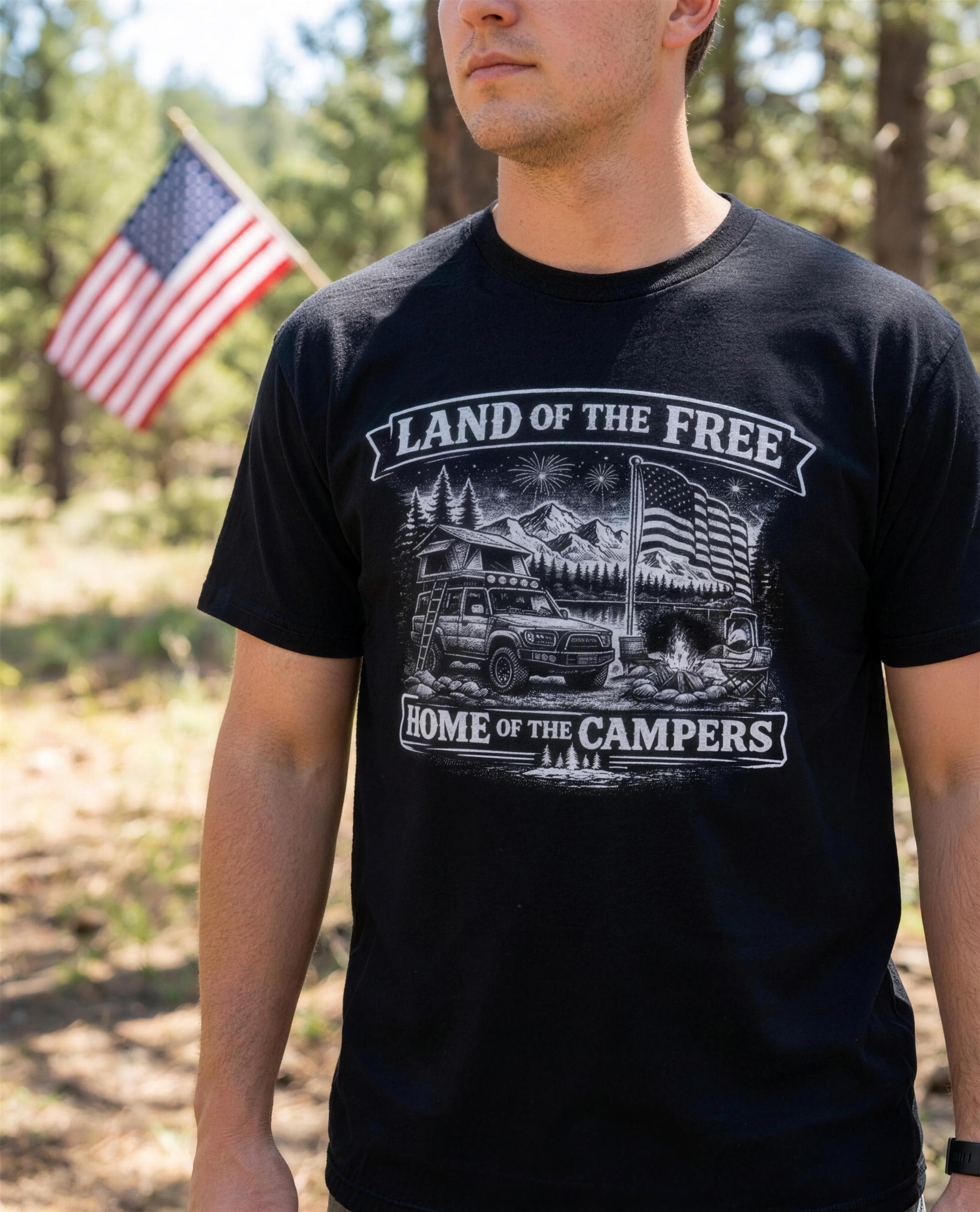 Land of the Free, Home of the Campers tee worn at a campsite