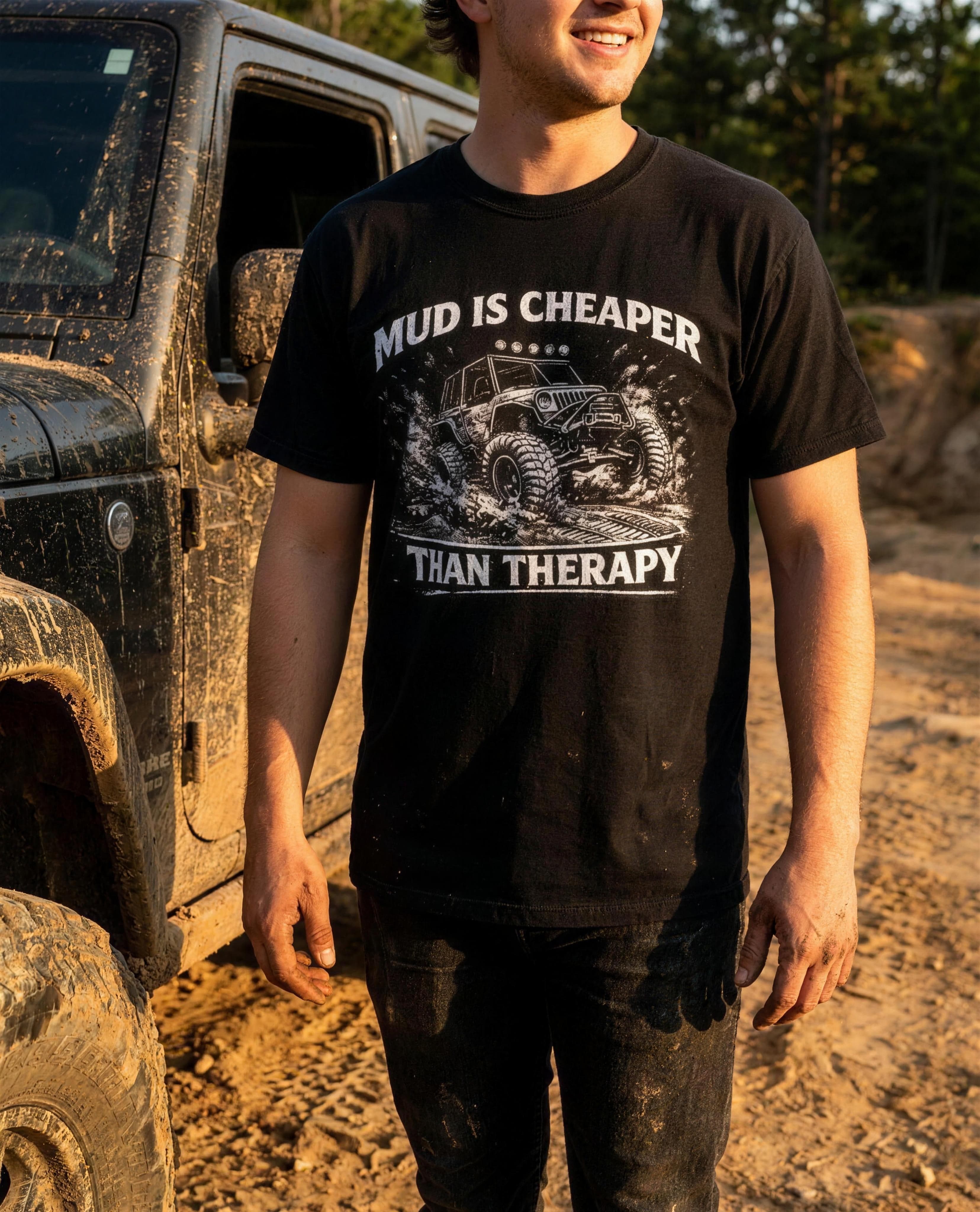Mud Is Cheaper Than Therapy tee worn off-road