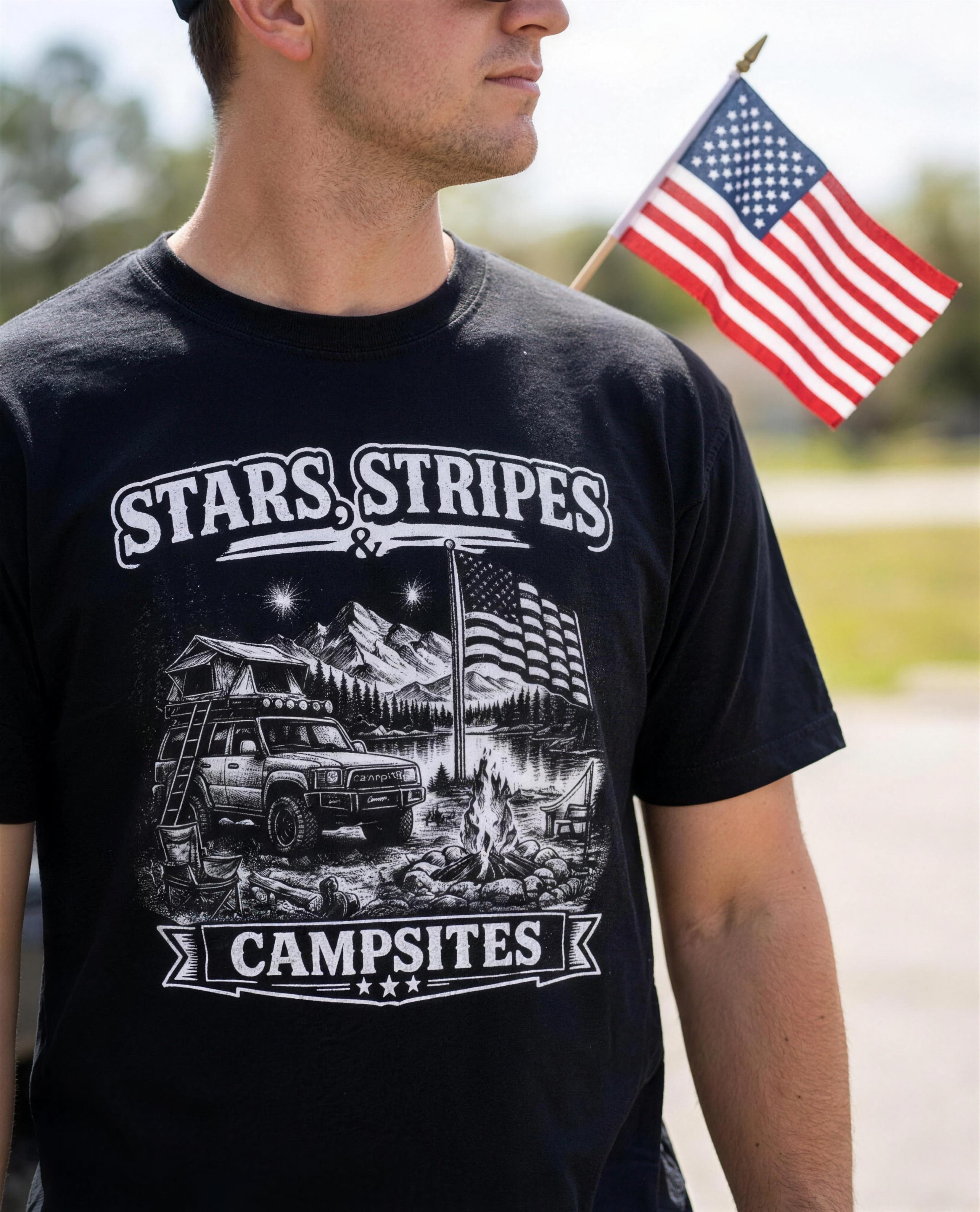 Stars, Stripes, Campsites tee worn at a summer campout